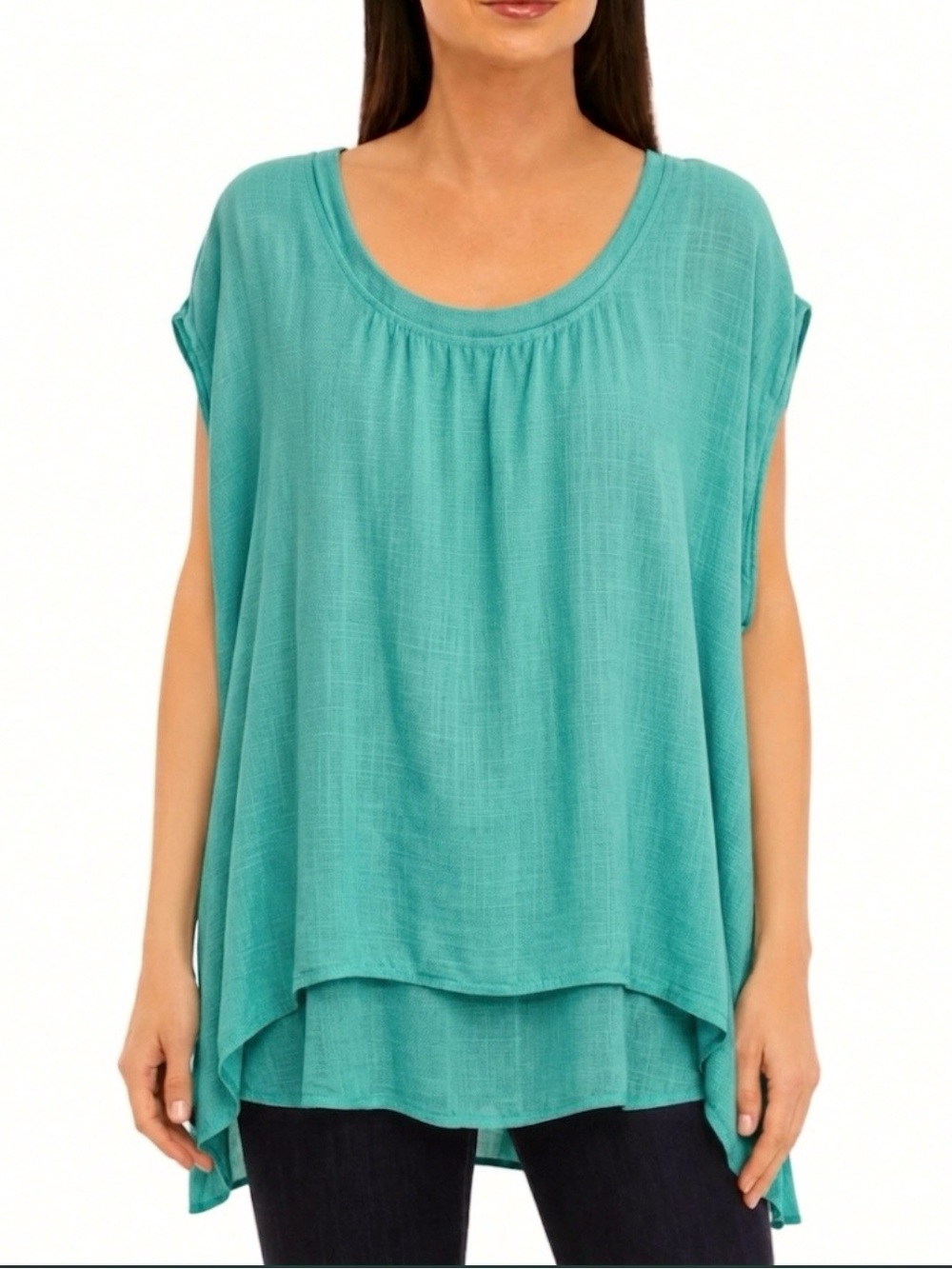 Melissa Paige Turquoise Layered Asymmetrical Hem Tunic Top 1X Quiet Luxury